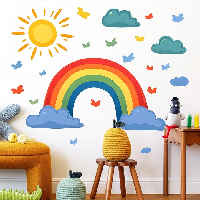 Rainbow Wall Decals Watercolor Sun Cloud Wall Stickers for Kids Room, Cute Cloudy Rainbow Wall Decor Butterfly Sun Decorations Peel and Stick Removable Decals for Girls Room Nursery