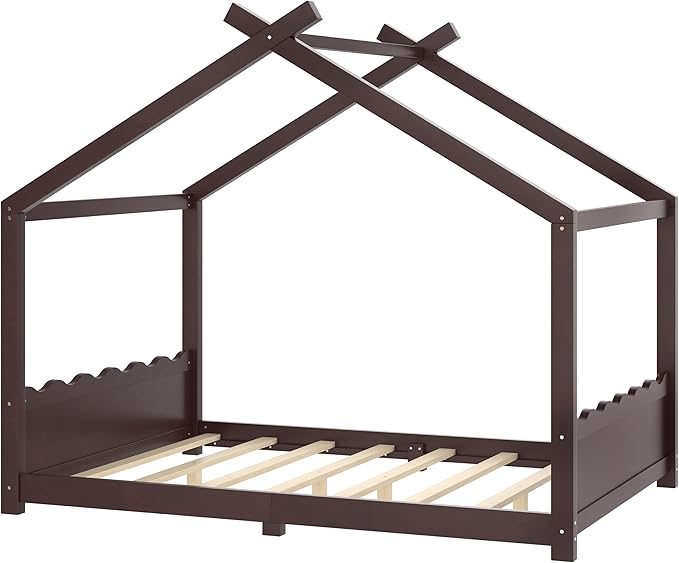 Full Size Wooden House Floor Bed - Kids Bed Frame with Roof & Support Slats for Bedroom, No Box Spring Needed, Easy Assembly (Espresso)