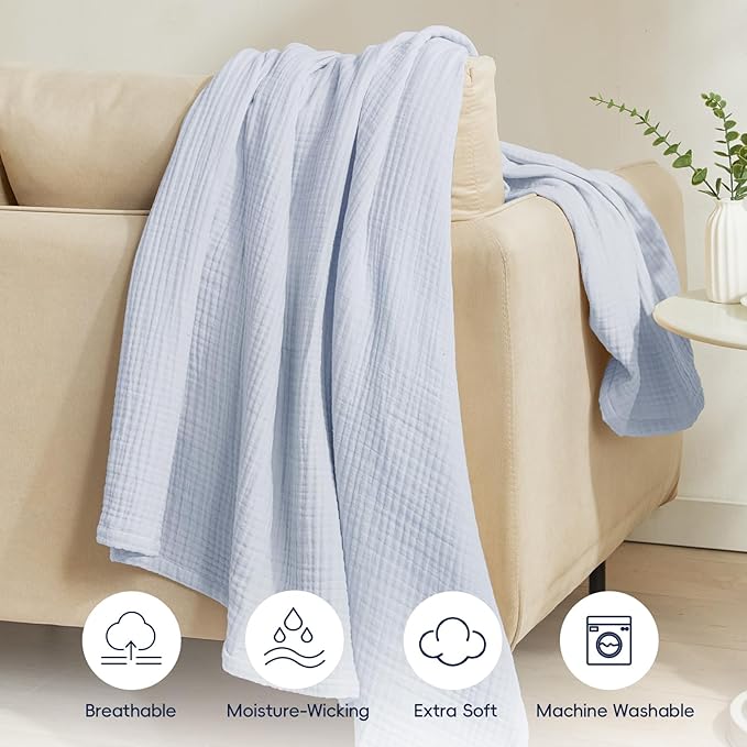 PHF 100% Cotton Muslin Throw Blanket 50" x 60", 4-Layer Lightweight Gauze Throw, Breathable Cloud-Soft Minimalist Blanket for Bed, Couch, Camping & Baby, Ancient Water, Ideal Gift