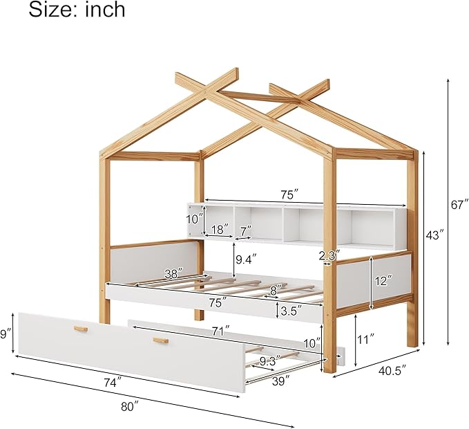 Twin Size Wooden House Bed with Twin Size Trundle and Bookshelf Storage Space, Original Wood Colored Frame with Roof and Slats Support for Kids Teens Girls Boys Bedroom (White+Trundle, Twin)