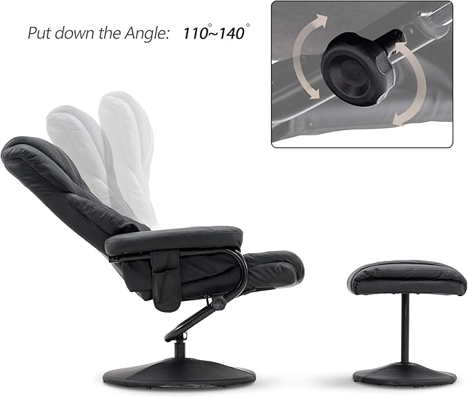 MCombo Recliner with Ottoman, Reclining Chair with Massage, 360 Swivel Living Room Chair Faux Leather, 4901 (Black)