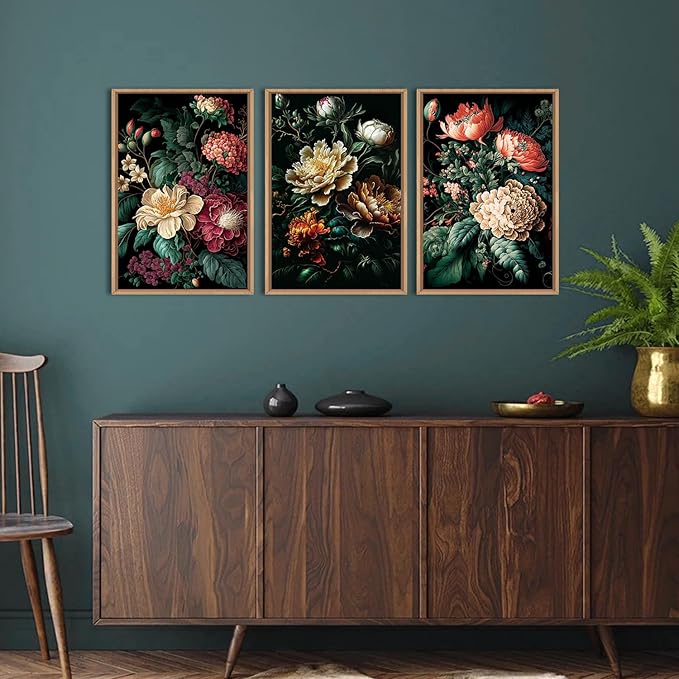 FWIEXA Moody Floral Wall Art Canvas Set, Framed Dark Botanical Wall Painting, Large Black Academia Wall Painting, Academia Art Print 3 Piece 16x24 Inches for Living Room, Bedroom, Office