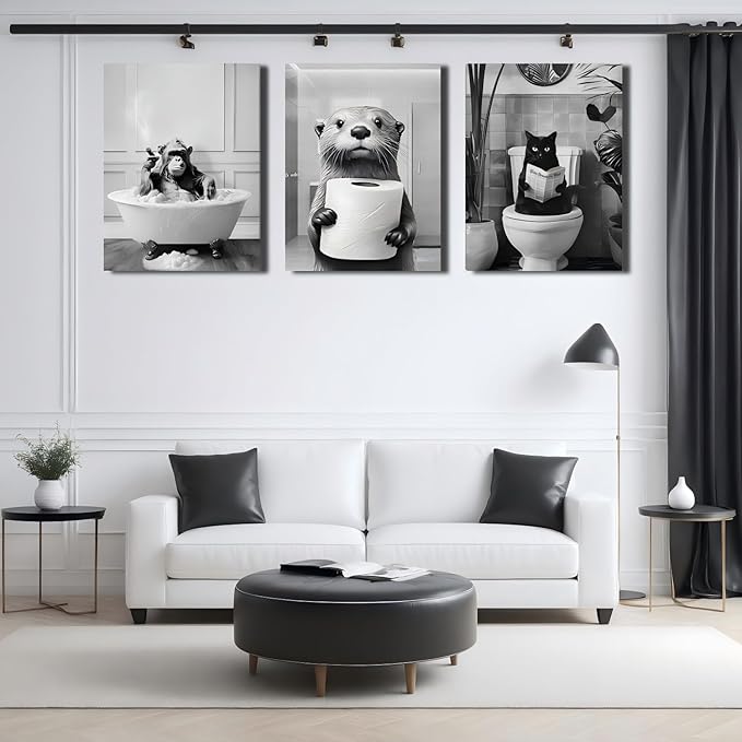 Framed Black and White Bathroom Wall Decor, Funny Animals Canvas Wall Art, Cute Otter Holding A Roll of Toilet Paper, Chimpanzee in Bathtub and Cat Reading Newspaper on the Toilet Pictures 24'' x 16''