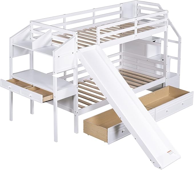 Modern Twin Over Twin Bunk Bed with Storage Staircase and Slide, Wooden Bunk Bed Frame with Desk and Drawers, Multifunctional Bunk Bed for Kids Teens Adult Bedroom