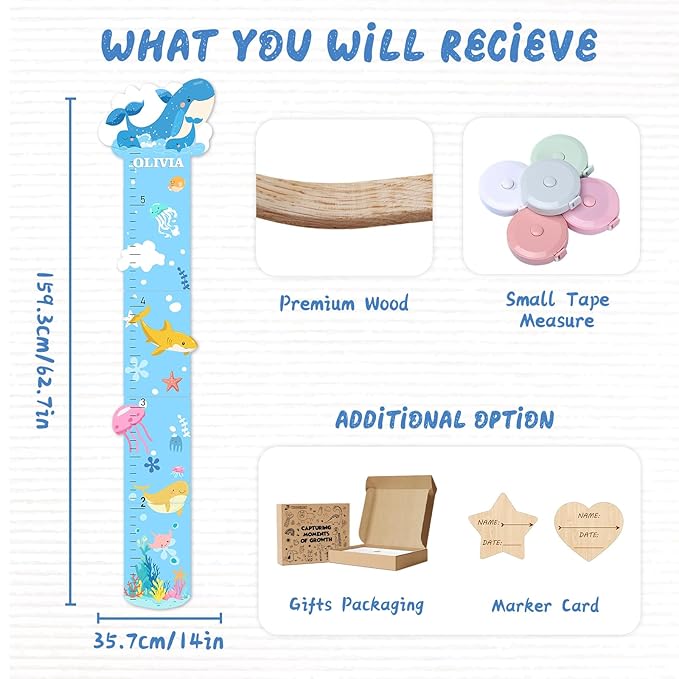 Personalized Name Marine Animals Wooden Growth Chart for Kids-Height Measurement for Wall Girls Boys Teen Room Wall Decor 62.7" x 14"