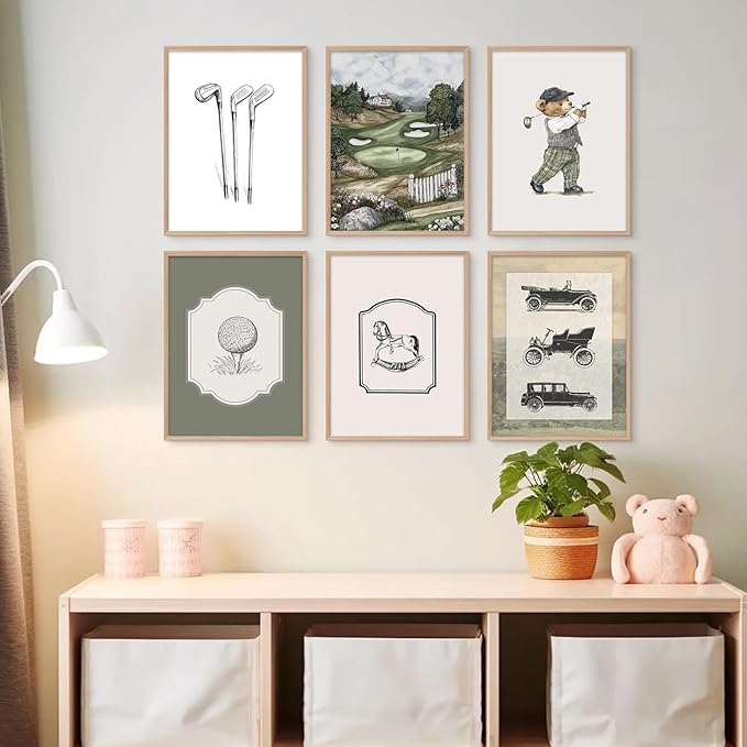 VHQXFQHU 6Pcs Sage Green Vintage Nursery Wall Art Teddy Bear Golf Sports Wall Decor Toddler Vehicle Painting Pictures Vintage Cars Farmhouse Poster for Kids Boys Room Playroom Bedroom 8x10in Unframed