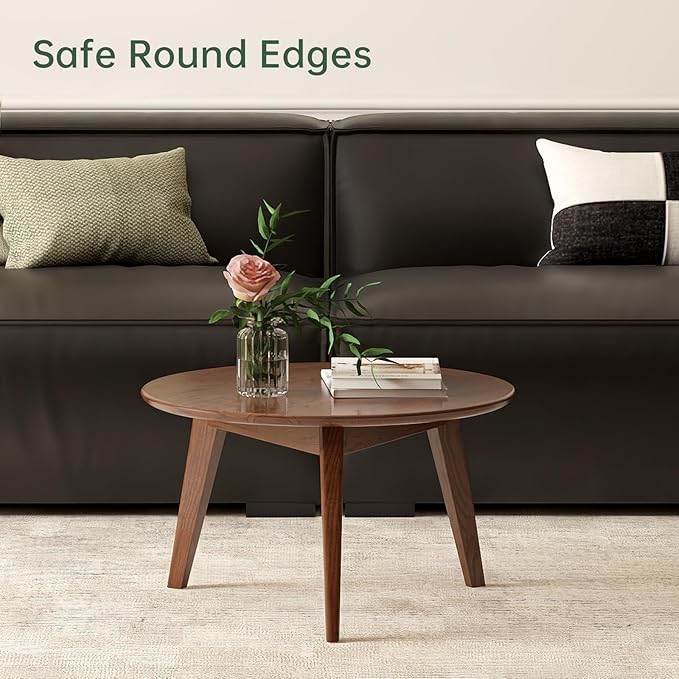 100% Solid Oak Wood Mini Coffee Table, Round Cofffe Tables Side Table w/Solid Wood Legs, Walnut Mid Century Table for Bedroom Balcony Living Room (29.53" D x 17.72" H)