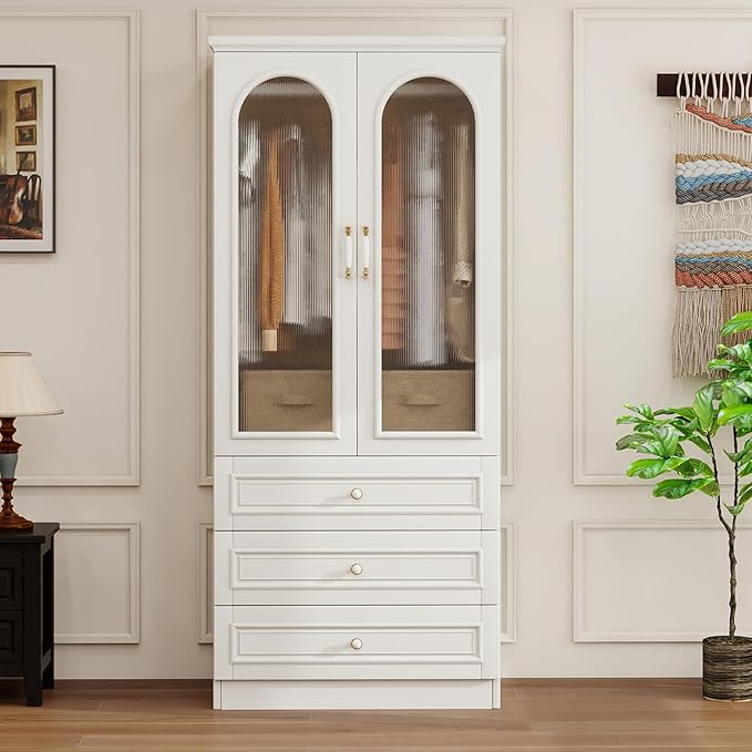 Solid Wood Wardrobe Closet:TemkTuek 70.87" Armoire,Clothing Storage Cabinet with Drawers,Doors,Hanging Railsand Shelves,Vintage Freestanding,Bedroom,White(19)