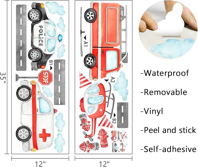 Mfault Vehicles Transportation Wall Decals Stickers, Helicopter Ambulance Fire Truck Police Car Nursery Decorations Boys Bedroom Art, Stop Roadblock Hydrant Cloud Toddlers Kids Room Playroom Decor