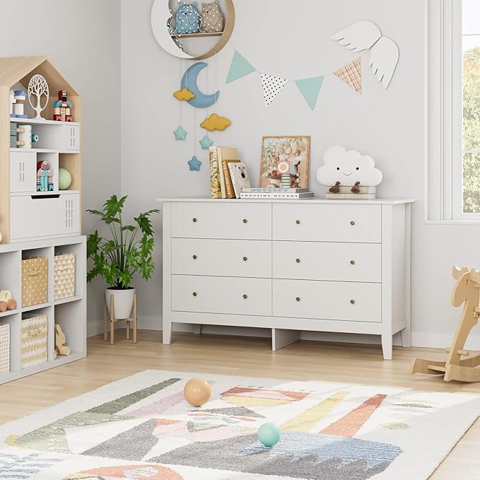 FOTOSOK White Dresser, Chest of Drawers, Modern 6 Drawer Double Dressers with Deep Drawers, Nursery Dresser for Baby, Wide Storage Organizer Cabinet for Living Room, Hallway,White