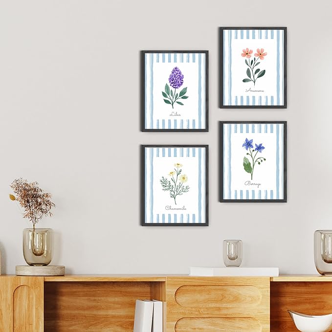 JINYO Vintage Blue and White Striped Floral Wall Art Prints Set of 4, Rustic Lilac Anemone Chamomile Borage Flower Posters Pictures Wall Decor for Home Bedroom Living Room, 8x10 Unframed