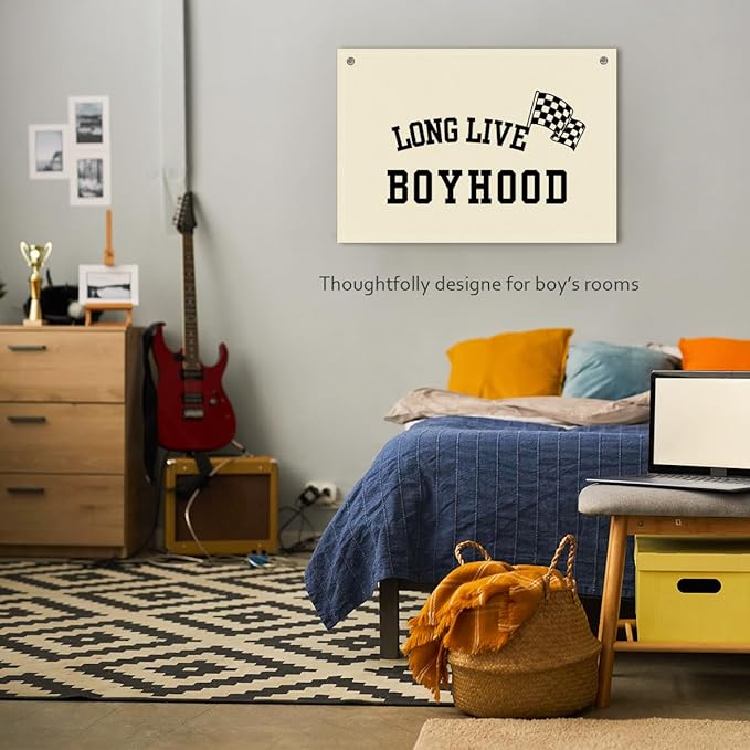 Long Live Boyhood Boys Room Decor - Linen Nursery Banner for Toddler Room Decoration, Farmhouse Kids Wall Hanging, Canvas Banner Flag for Baby Shower, Birthday Gift - A03
