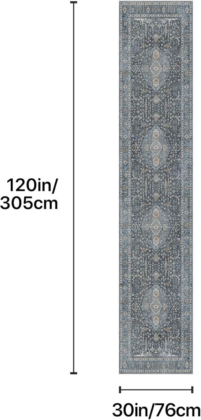 GENIMO Hallway Rug, Machine Washable Runner Rug 2'6''x10', Vintage Kitchen Runner Non Slip, Ultra-Thin Low Pile Soft Woven Fiber Carpet for Entryway, Corridor, Laundry, Blue Black