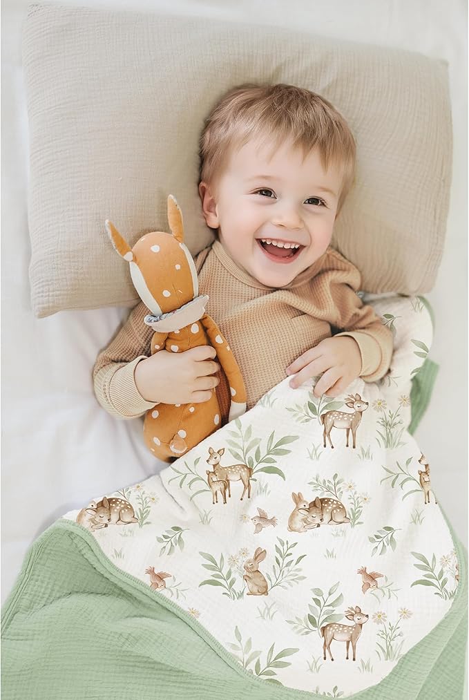 Konssy Muslin Baby Blankets for Girls Boys, 100% Cotton Crib Blanket for Infant Toddler, Super Soft and Lightweight Nursery Swaddling Wrap 40"x36" (Woodland)