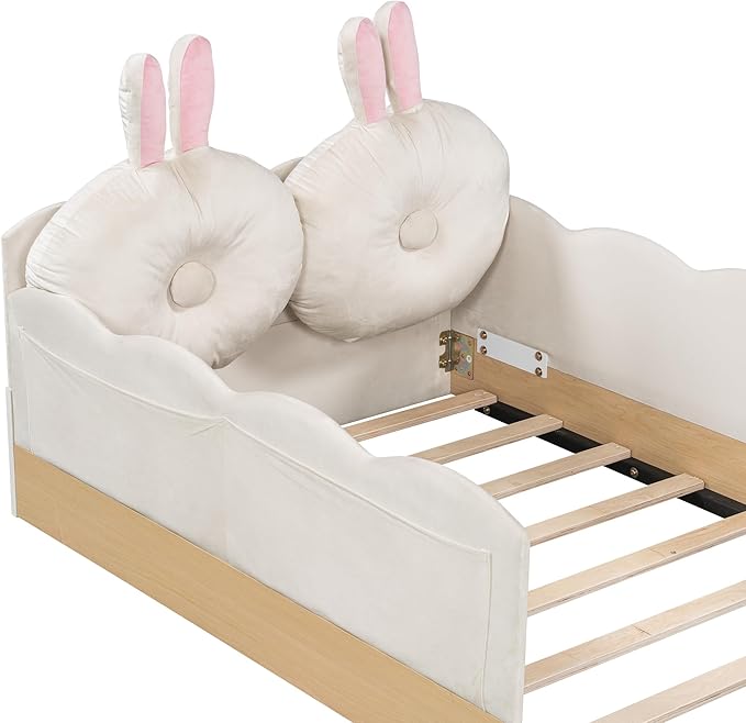 Lovely Twin Size Upholstered Platform Bed with 2 Soft Pillows and Storage Bags, Princess Bed Frame with Cute Rabbit Ear Shaped Headboard and Guardrails for Bedroom, No Box Spring Required (Beige-X52)