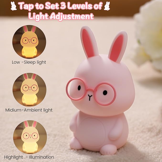 Bunny Lamp for Kids ,Rabbit Night Light with Color Changing, Rechargeable LED Nightlight for Easter Gift,Silicone Bedside Touch Lamp ,3 Levels Dimmable /Timmer Nursery Bedroom Light, Baby Room Decor