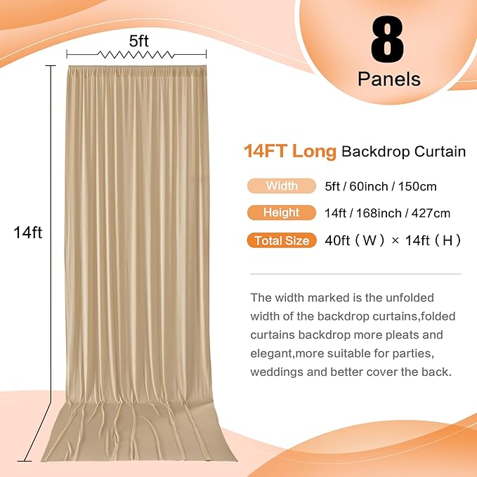 40×14 ft Beige Backdrop Curtain for Wedding Parties, 8 Panels 14ft Long Wrinkle Free Silky Polyester Backdrop Drapes Tan Photo Back Drop Cloth for Birthday Baby Shower Photography Backgrounds