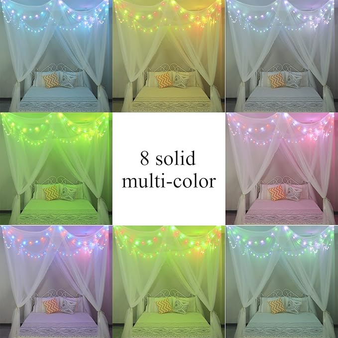 White Bed Canopy with Star Lights Girls Bedroom, 8 Corners Post Hanging Princess Canopy Bed Curtains 100 LED 24 Colors Changing String Lights Remote Timer for Kids Tent Twin Full Queen King Bed
