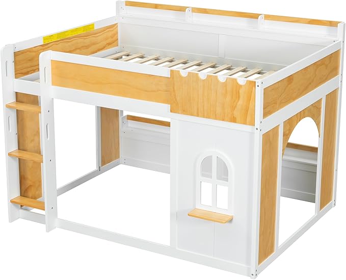Full Over Full Bunk Bed with Storage Shelves and Window, Wood Bunk Bed Frame with 2 Doors for Kids Teens Adult Bedroom, No Spring Box Needed