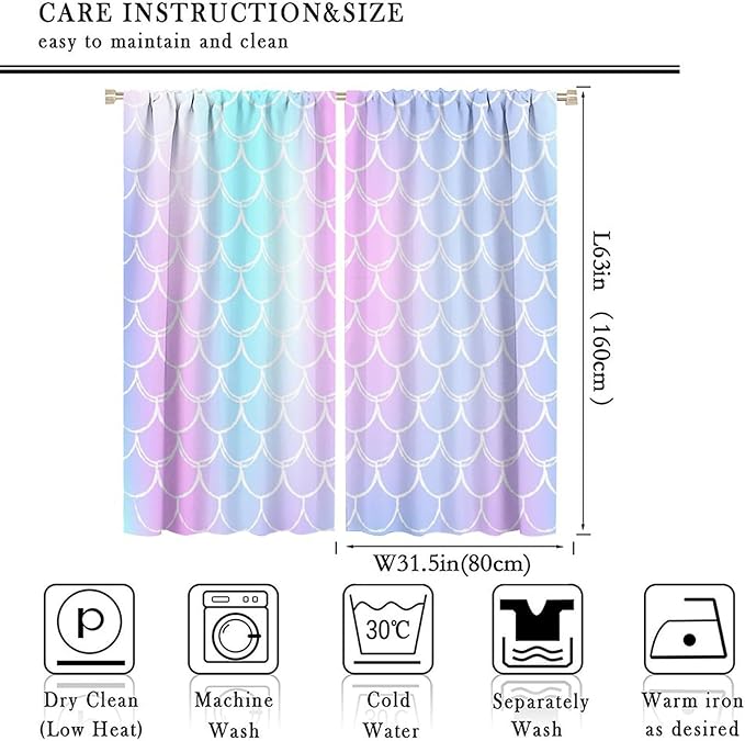 Fantasy Mermaid Curtain Rainbow Mermaid Scales Purple Pink Blue Ocean Theme Dream Blackout Window Treatment for Kids Boys Girls Bedroom Nursery Room Decor Rod Pocket Window Drapes 63x63in