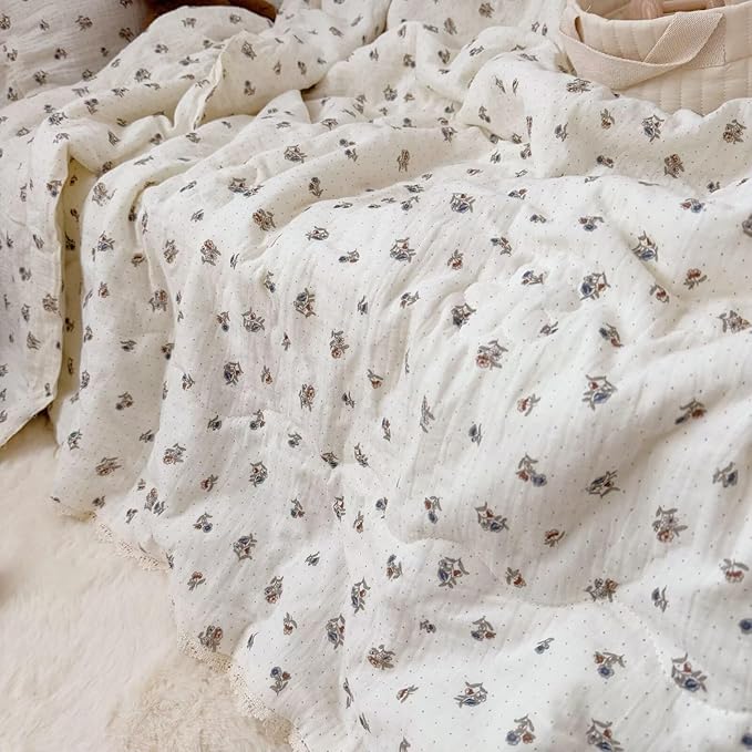 BuLuTu Pansy Flower Pattern Toddler Quilt Crib Size, Muslin Cotton Kids Comforter with Lace Edges, Chic Shabby Floral Print Toddler Bed Blanket, Nursery Decor, 47x59 Inches