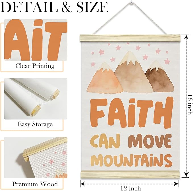 TRKAE Christian Canvas Poster Hanger Frame, Faith Can Move Mountains Wall Art for Kids, Positive Motivational Wall Decor for Classroom Nursery Preschool Bedroom -038