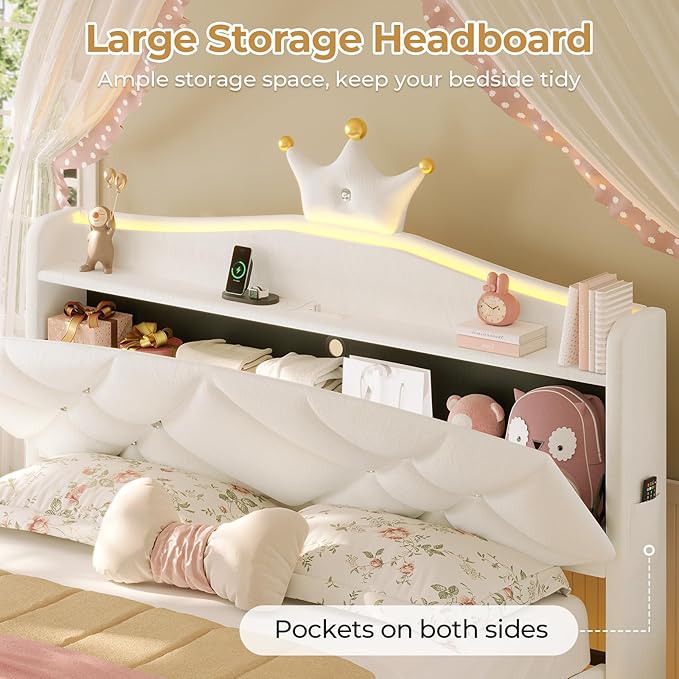 MSmask Full Bed Frame with LED Lights, Princess Upholstered Bed with Headboard with Charging Station & Crystal Button & Crown, Velvet Platform Bed for Girls, Solid Wood Slats, Curved Legs, White