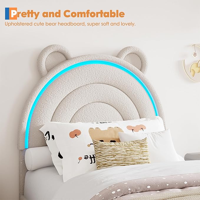 Garvee Twin Size Bed Frame with 2 Storage Drawers & LED Lights, Velvet Upholstered Platform Bed with Rainbow Headboard for Kids/Boys, Solid Wood Slats Support, No Box Spring Needed, Grey