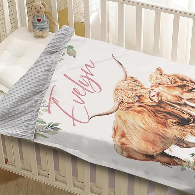 Personalized Baby Blanket for Boys, Custom Name Blanket for Girl Newborn Mom, Soft Flannel with Double Layer Dotted Backing, Gifts for Baby Shower Christmas Birthday, Highland Cow(60" x80)