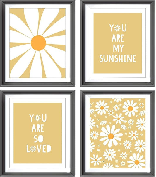 AEHIE Boho Yellow Daisy Flower Decor Art Print, You Are My Sunshine Poster for Baby Girls Room Nursery, Bohemian Wall Art, Spring Aesthetic Floral Wall Art, 4pcs