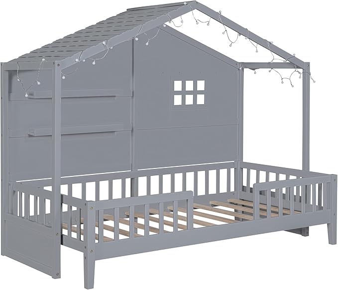 Merax Twin Size House Bed with Shelves, House Bed with Window and Sparkling Light Strip on The Roof, Grey