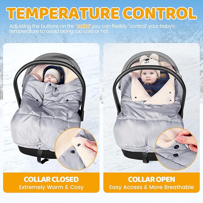 Orzbow Winter Carseat Cover for Baby | Infant Car Seat Blanket | Waterproof Car Seat Cover with Adjustable Collar, Warm and Cozy Fleece Carseat Canopy Blanket for Baby Winter Essentials, Light Grey