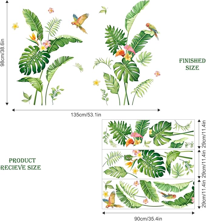 Tropical Plant Leaf Wall Decals, Palm Leaves Boho Spring Summer Green Tree Flower Birds Nature Monstera Wall Stickers Art Decor for Living Room Office Nursery Classroom Gifts for Mom