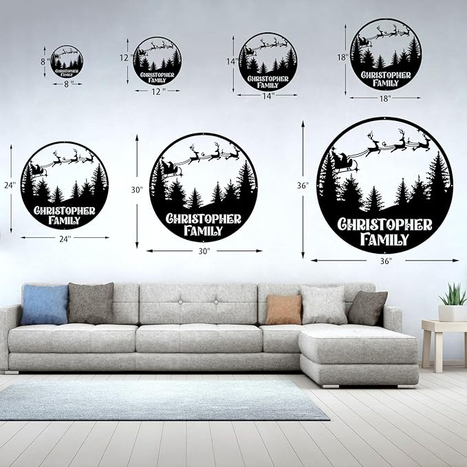 Personalized Christmas Metal Sign, Custom Santa Claus and Reindeer Hanging Sign, Indoor/Outdoor Porch Decor, Black Wall Art, Party Supplies, Personalized Christmas Gifts