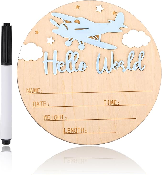 Hello World Newborn Sign with Pen, 5.9in Round Newborn Welcome Birth Name Sign Airplane and Cloud Decoration Baby Boy Girl Announcement Board for Hospital Nursery Home Decor Photo Props
