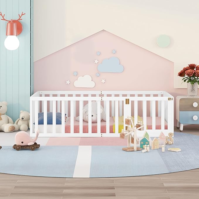 Merax Twin Floor Bed with Safety Guardrails and Door, Wood Montessori Floor Bed Frame for Kids, Twin Playhouse Bed Frame for Baby Girls and Boys, White