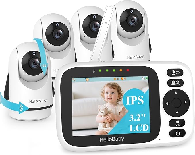 HelloBaby 3.2'' Baby Monitor 4 Cameras, Video Audio Baby Monitor No WiFi, Remote Pan-Tilt-Zoom, ECO, Night Vision, 2-Way Talk, 1000ft Range, 8 Lullabies and Temperature, for Parents and Babies
