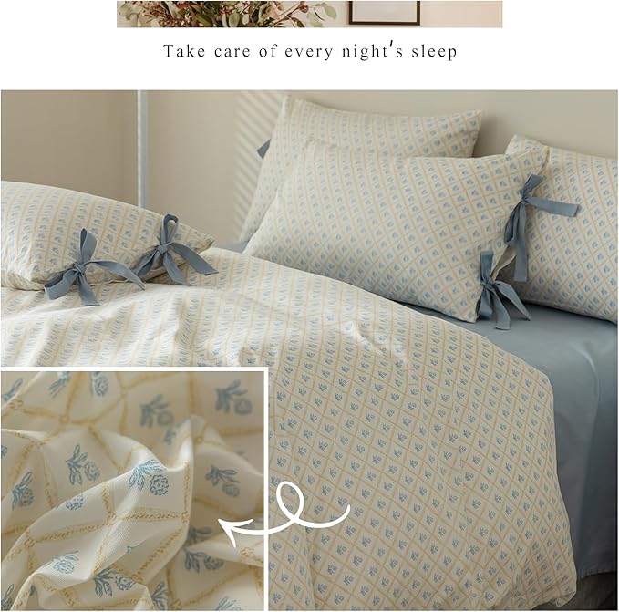 Girls Duvet Cover Twin Blue Floral Chic Bedding Set Soft Cotton 3 Piece with 2 Bow Ties Pillowcases Coquette Bedding Princess College Dorm Duvet Cover Set Twin Size for Teens French Country Style