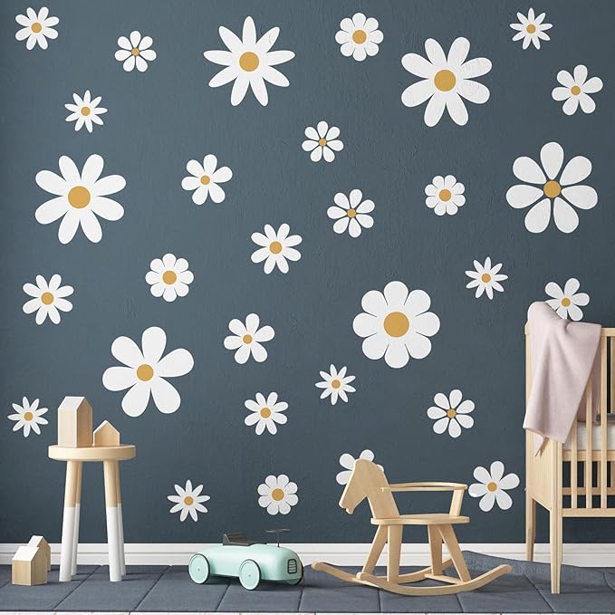 TaoBary 12 Sheets Daisy Wall Decal Flower Wall Sticker Cute Daisy Sticker Pink White Flower Decal Peel and Stick Floral Wallpaper for Nursery Bedroom Home Decor(White, Yellow,Classic Style)