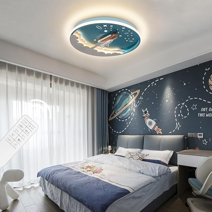 Kids Room Ceiling Lamp 20" Kitchen Ceiling Light with Remote Control 3000k-6000k Blue Cartoon Rocket Semi Flush Mount Ceiling Lights for Bedroom