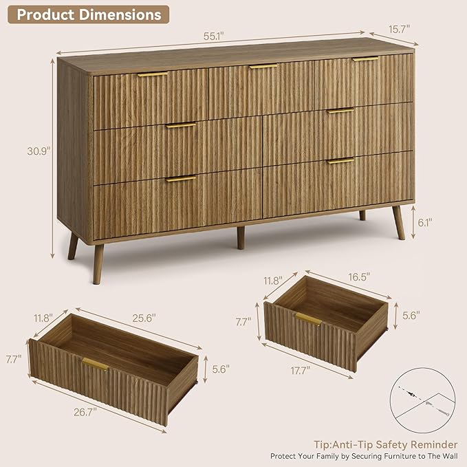 CARPETNAL Fluted 7 Drawer Dresser for Bedroom, 55" Wide Wooden Chest of Drawers with Rounded Corners, Gold Handles, Modern Storage Organizer for Bedroom, Hallway(Walnut)