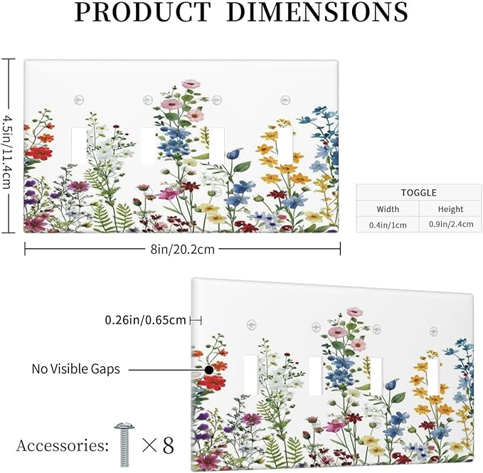 Light Switch Cover Colorful Wildflowers Plants Flowers on White Background 4 Gang Switch Plate Covers Quad Toggle Wall Plates Decorative Switchplate Electrical Faceplate for Home Decor