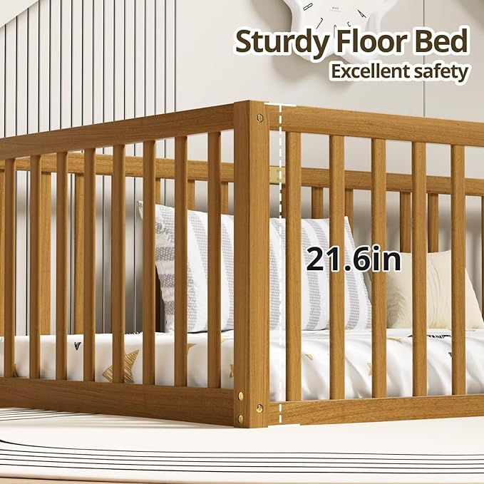 LLS Queen Size Floor Bed with 21.6" High Fence for Kids Boys Girls, Solid Wood Multifunctional Montessori Bed Frame with Door, Without Slats, Light Espresso