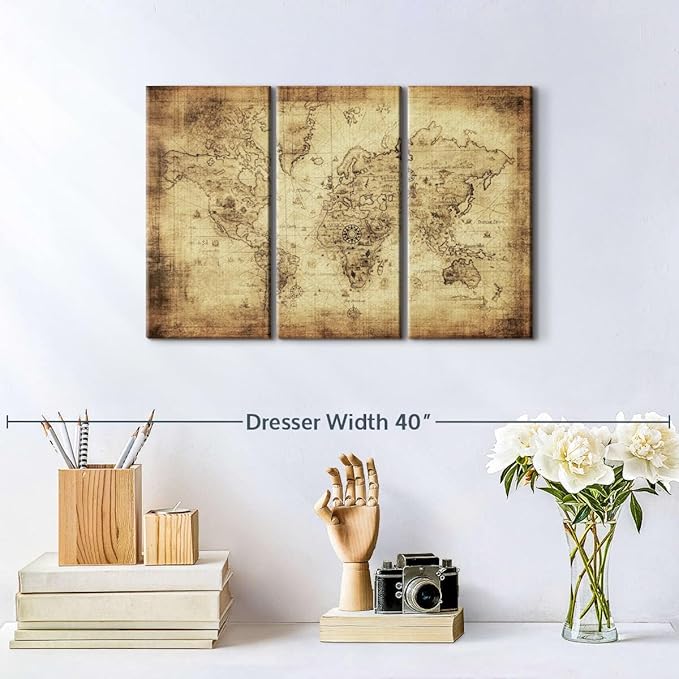 ElephantStock Ancient World Map Wall Art Multi Piece Canvas - 3 Piece Canvas World Map Wall Decor - Wall Decor - Ready-to-Hang Print - Vintage Wall Art - 23" X 14"
