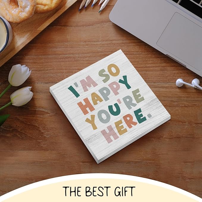 Boho Classroom Wooden Box Sign, Boho Classroom Decor, I'm So Happy You're Here Wood Block Box for Kids Nursery Room Bedroom Playroom Desk Shelf Table Decor, 5x5 Inch FY-mh-663