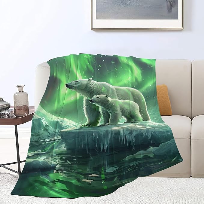Polar Bear Blanket Aurora Animal Throw Blanket Flannel Stuff Merch Cozy Decor Fleece Plush Fuzzy Warm Soft Lightweight Bedding Gifts for Polar Bear Lover Women Men Girls Boy Couch 80"X60"