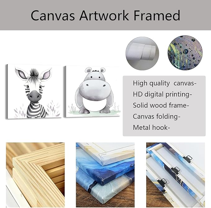 Baby Animal Framed Canvas Wall Art Set of 2 - Cute Baby Zebra Hippo Paintings Pictures Nursery Decor Wild Animals Posters Prints for Living Room Kids Room Decor(Artwork-01, 20"x20"x2P)