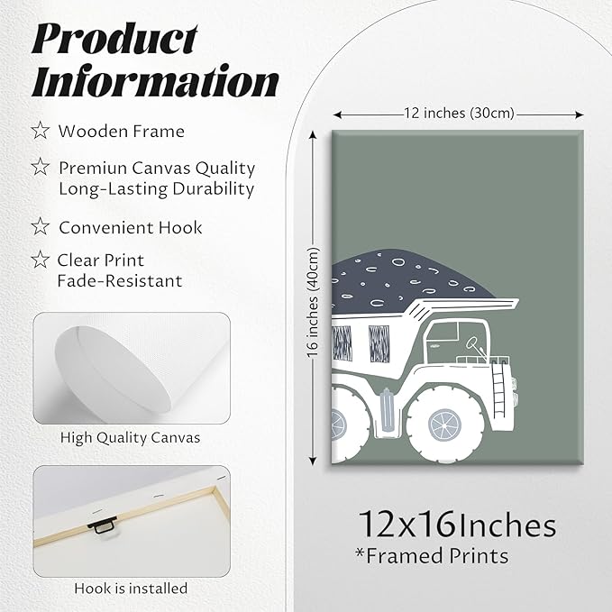 Construction Truck Wall Art Nursery Canvas Wall Decor Boys Room Wall Art Kids Car Posters Toddler Prints Nursery Artwork Excavator Tractor Pictures for Playroom Bedroom 12x16x6 Inch Framed
