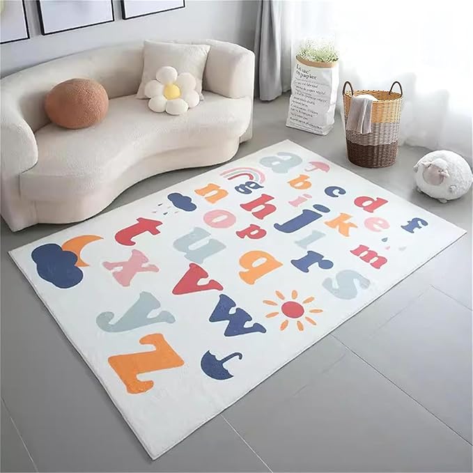 Colorful Alphabet Carpet 4x6 Area Rugs Washable Non-Slip Cute Rainbow Sun Umbrella Kids Rug Foldable Playmat for Classroom Alphabet Learning Nursery