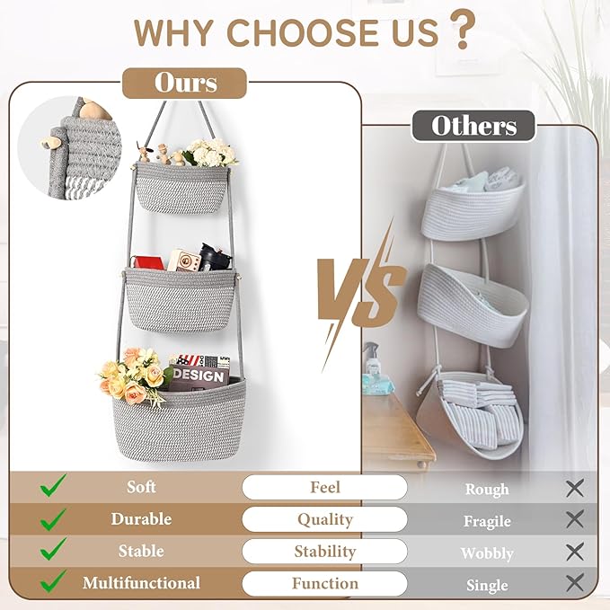 Hanging Storage Baskets, 3-Tier Over the Door Basket, Cotton Wall Baskets Storage, Detachable Hanging Door Basket with 4 Hooks, Over the Door Organizer Nursery for Bedroom, Living Room, Bathroom Wall
